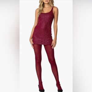 Edikted Burgundy Rhinestone Mesh Mini Dress
